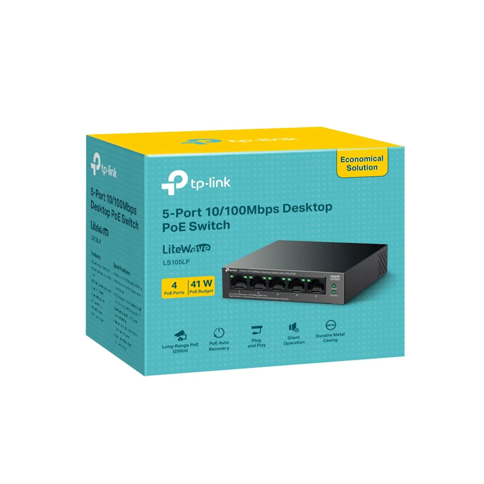 TP-Link LS105LP 5-Port 10/100 Mbps Desktop Switch with 4-Port PoE, 4× 10/100 Mbps PoE Ports, 1× 10/100 Mbps Non-PoE Port, 802.3af, 41 W PoE Power, Desktop Steel Case, Extend Mode for 250m PoE Transmit - slika 4