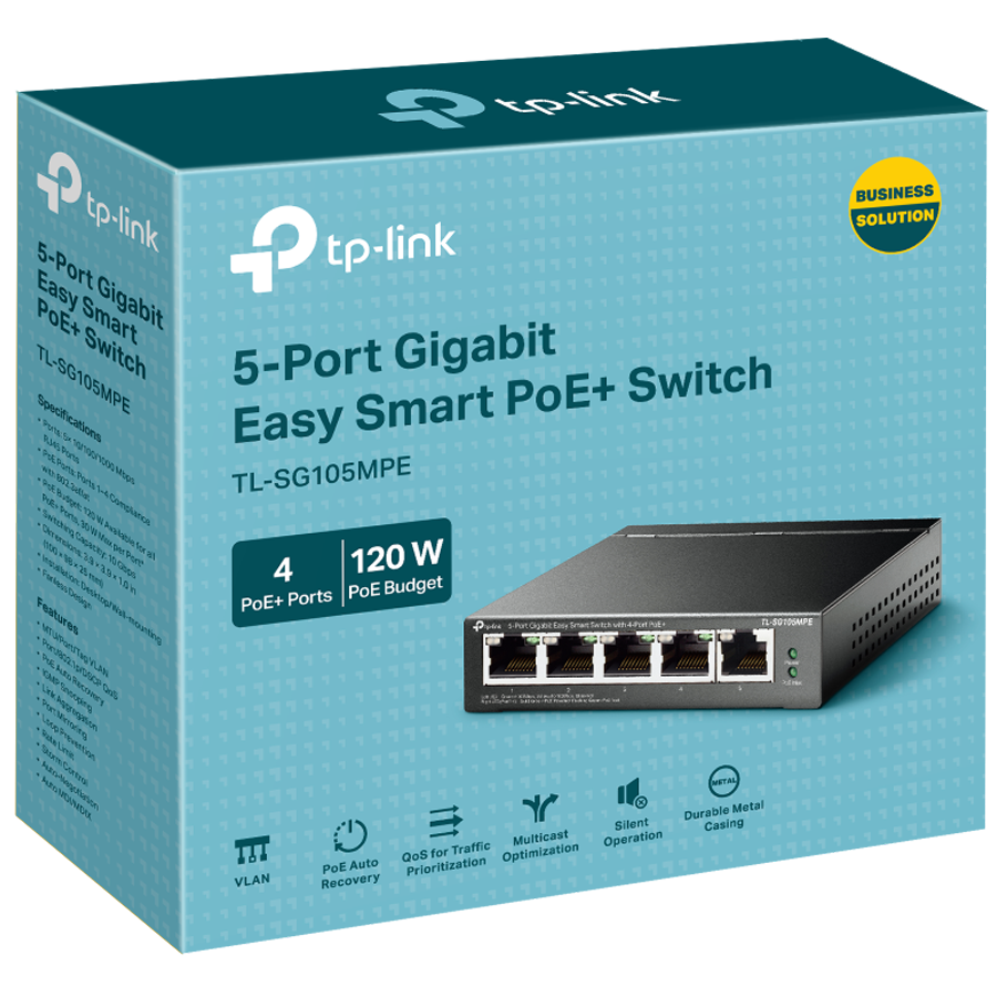 5-Port Gigabit Easy Smart Switch with 4-Port PoE+ 4× Gigabit PoE+ Ports, 1× Gigabit Non-PoE Ports 802.3af/at, 120 W PoE Power, Desktop Steel Case PoE Auto Recovery, MTU/Port/Tag-based VLAN, QoS, IGMP  - slika 2