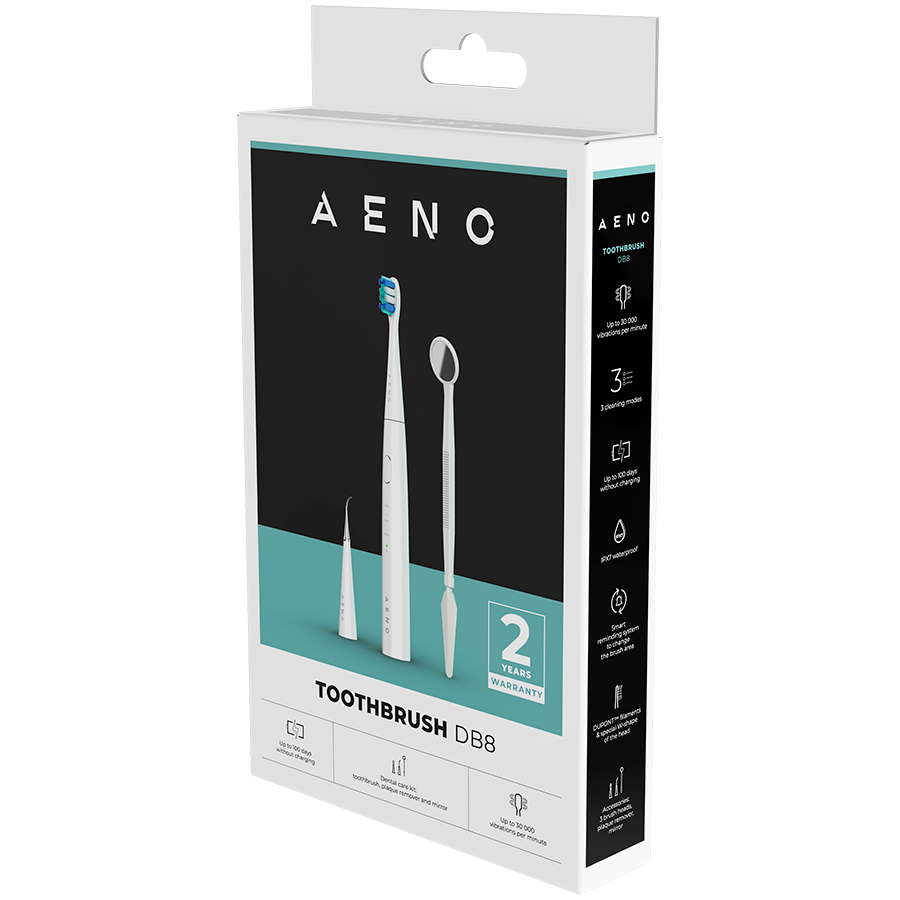 AENO Sonic Electric toothbrush, DB8: White, 3modes, 3 brush heads + 1 cleaning tool, 1 mirror,  30000rpm, 100 days without charging, IPX7 - slika 3