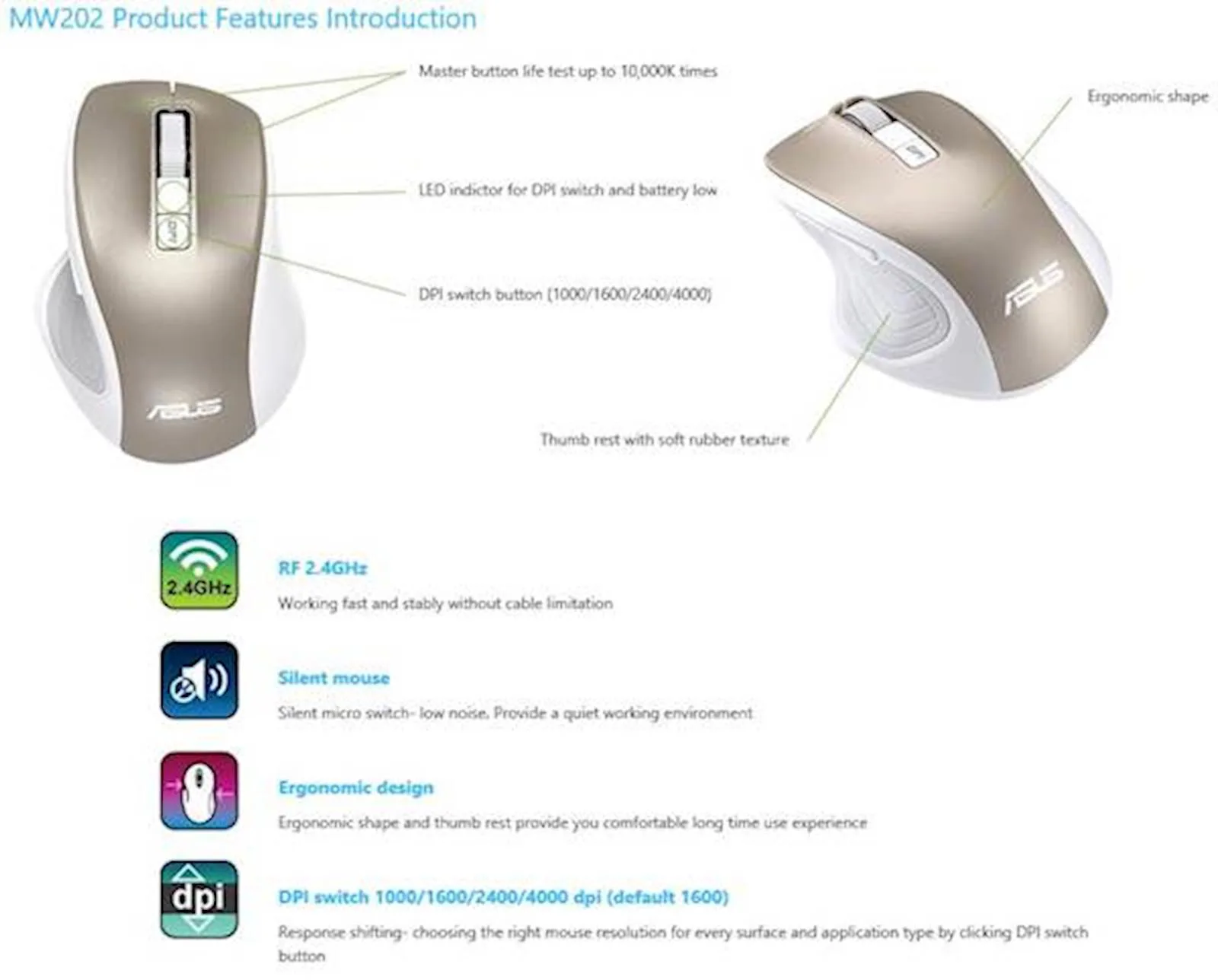 Miš ASUS MW202 Silent Wireless Mouse, tihi, bežični, zlatni - slika 3