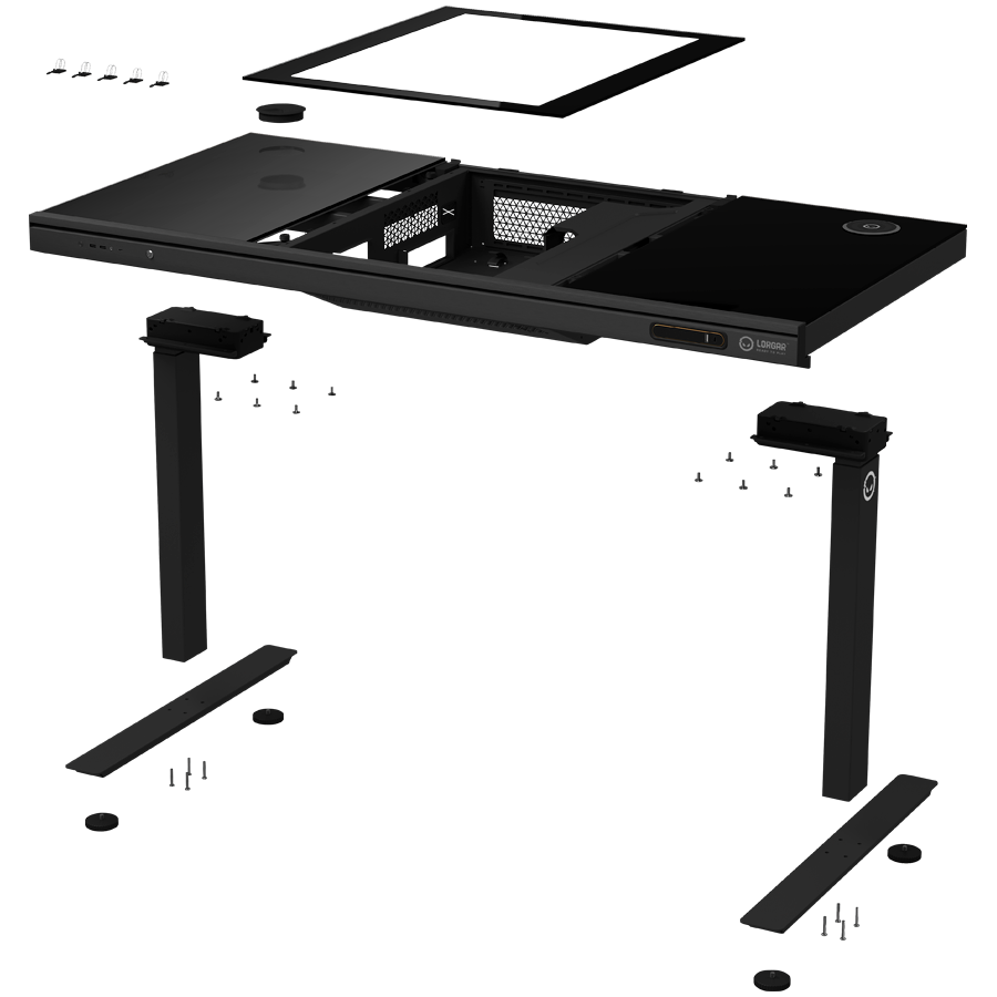 Dual-motor sit/stand adjustable-height gaming desk with built-in PC case, wireless charger, RGB lighting, control panel, and USB ports, tempered glass tabletop, black. - slika 7