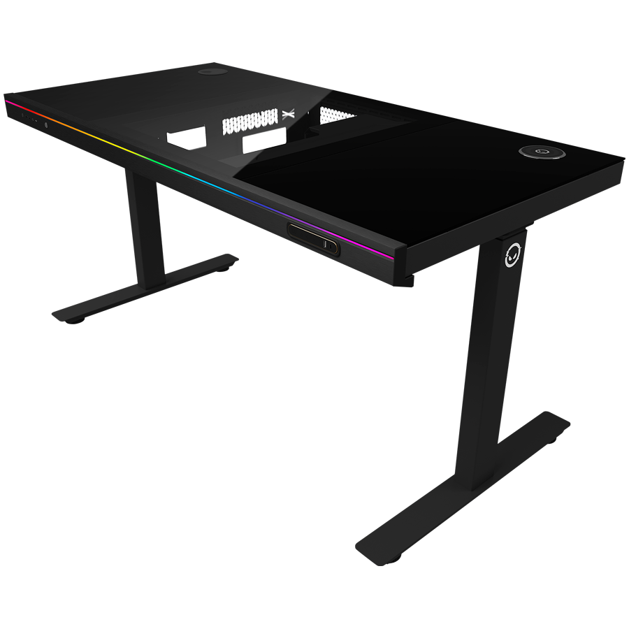 Dual-motor sit/stand adjustable-height gaming desk with built-in PC case, wireless charger, RGB lighting, control panel, and USB ports, tempered glass tabletop, black. - slika 2