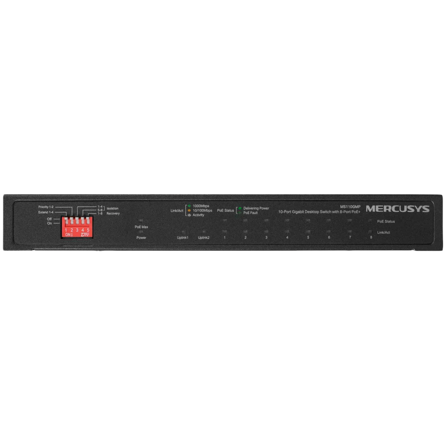 Mercusys MS112GMP 12-Port Gigabit Desktop Switch with 8-Port PoE+,  8x G PoE+ Ports, 2x G Non-PoE Ports, 2x G SFP Slots, 110 W PoE Power, Desktop Steel Case, Wall Mounting,  Extend Mode for 250m PoE T - slika 2