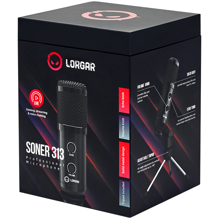 LORGAR Soner 313, Gaming Microphones, Black, USB condenser microphone with Volume Knob & Echo Kob, including 1x Microphone, 1 x 2.5M USB Cable, 1 x Tripod Stand, 1 x User Manual, body size: Φ47.4*158. - slika 8