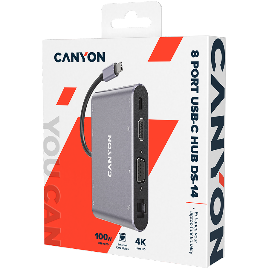 CANYON hub DS-14 8in1 4k USB-C Dark Grey - slika 2