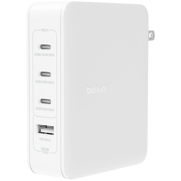 BELKIN 140w 4-ports USB GaN Wall Charger with UK, EU, US plug tips, White - slika 2