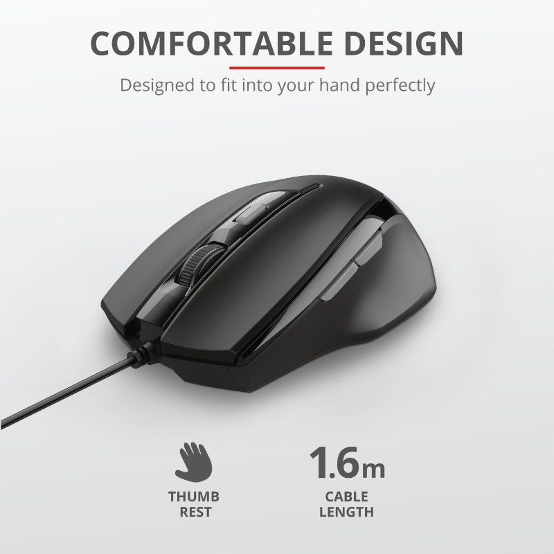 Trust Voca Comfortable miš žičani, easy-to-use, crni,800-2400 DPI, optički, 6 tipki, usb 2.0 - slika 2