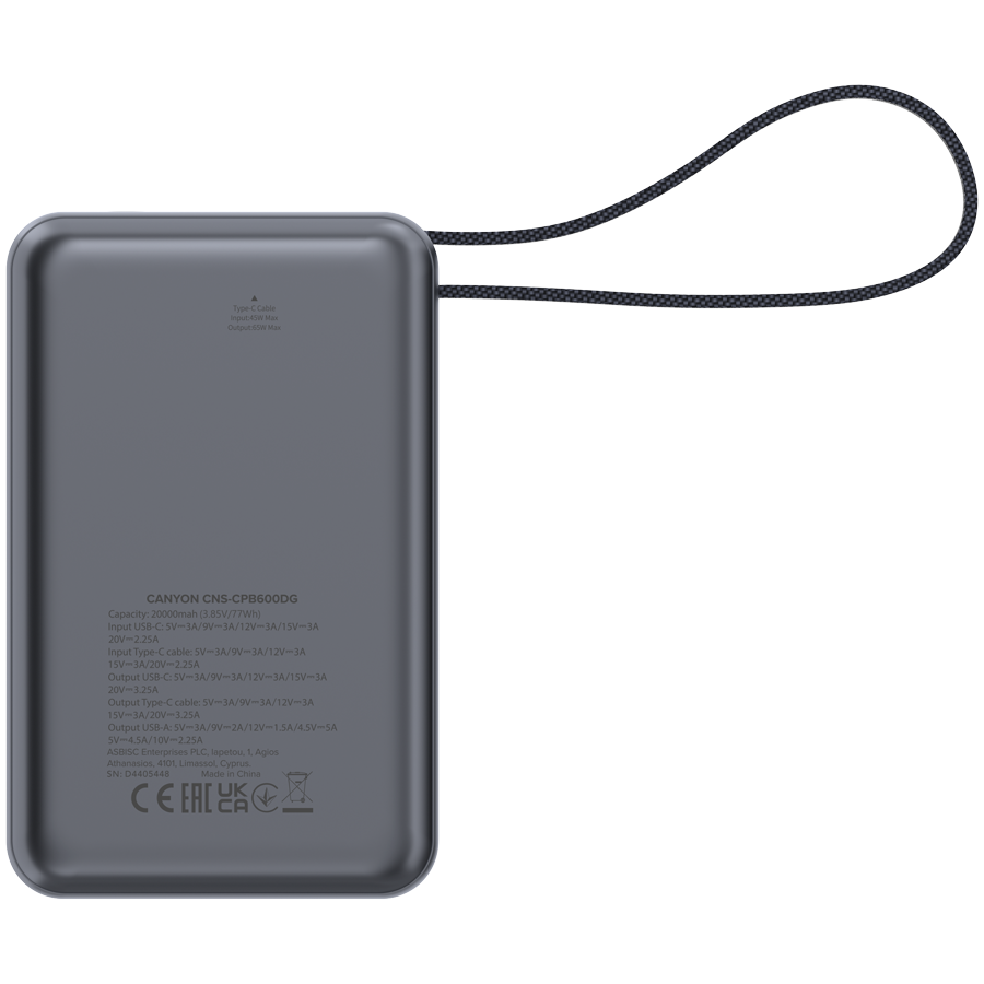 CANYON power bank OnPower 600 built-in cable 20000 mAh PD65W Dark Grey - slika 5