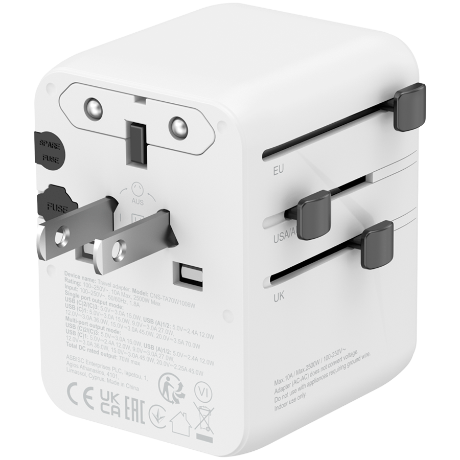 CANYON Travel Adapter OnTour 70 EU/UK/US/AUS 70W White - slika 5