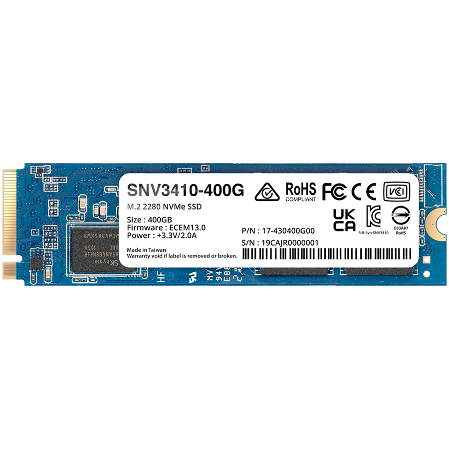 Synology SNV3410 400GB Enterprise NVMe m.2 2280 SSD, NVMe PCIe 3.0 x4, Read/Write(128 KB, QD32) 3,000 /750 MB/s, MTBF : 1.8 million hours