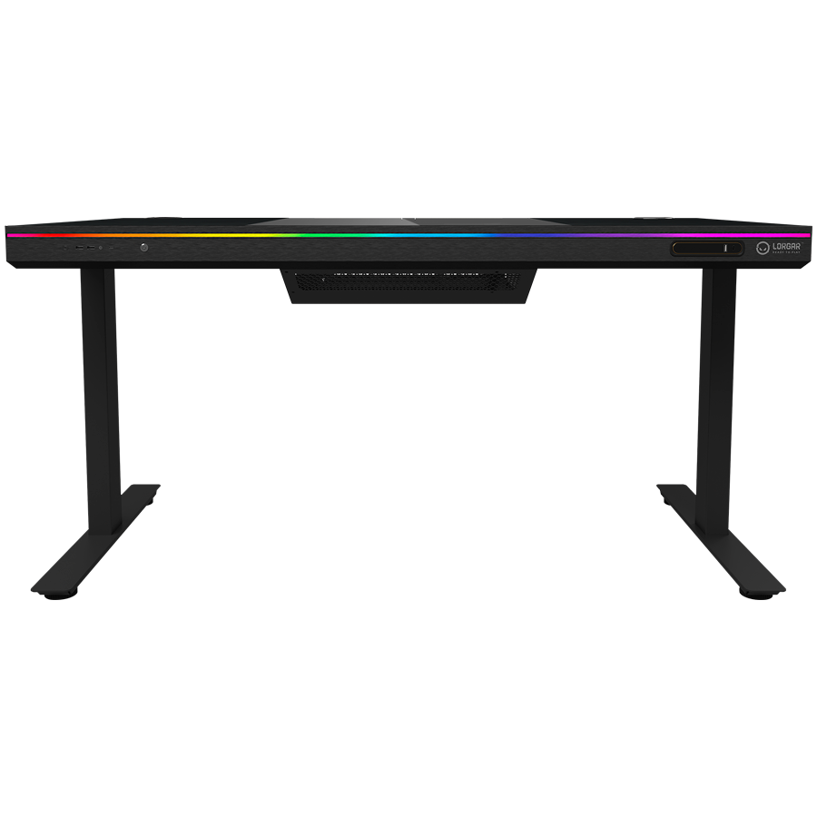 Dual-motor sit/stand adjustable-height gaming desk with built-in PC case, wireless charger, RGB lighting, control panel, and USB ports, tempered glass tabletop, black. - slika 3