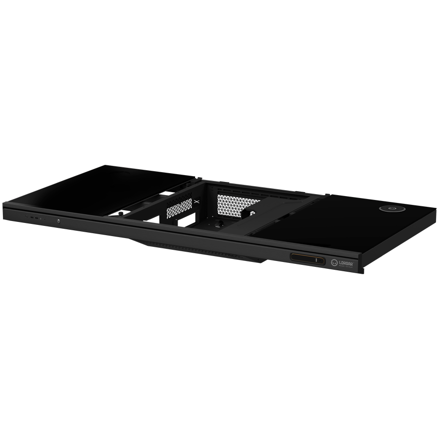 Dual-motor sit/stand adjustable-height gaming desk with built-in PC case, wireless charger, RGB lighting, control panel, and USB ports, tempered glass tabletop, black. - slika 6