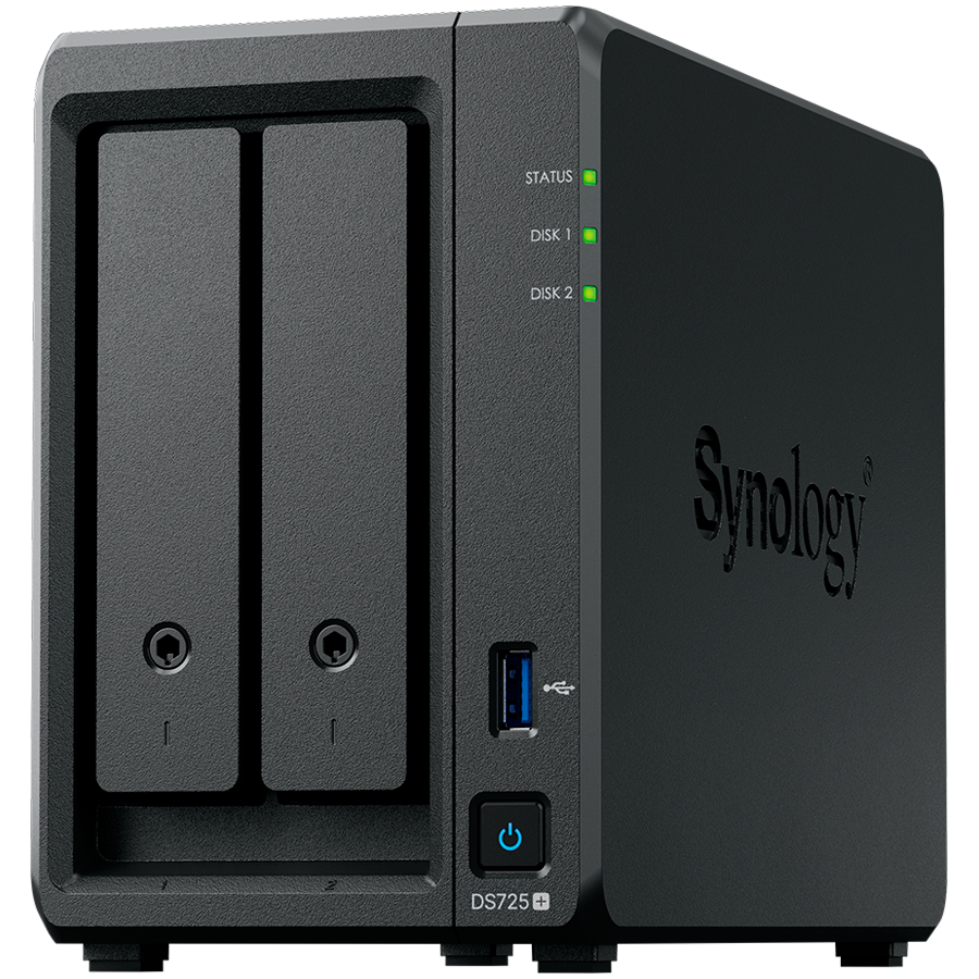 Synology DS725+, Tower, 2-Bays 3.5'' SATA HDD/SSD, 2 x M.2 2280 NVMe SSD, CPU AMD Ryzen R1600 dual-core (4-thread), max. boost up to 3.1 GHz, 4 GB DDR4 ECC SODIMM, 1 x 2.5 GbE, 1 x 1GbE, 1 x USB 3.2,  - slika 2