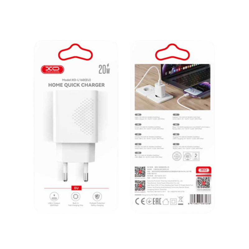 Kucni punjac XO L160 ulaz C 20W white + Type-C cable