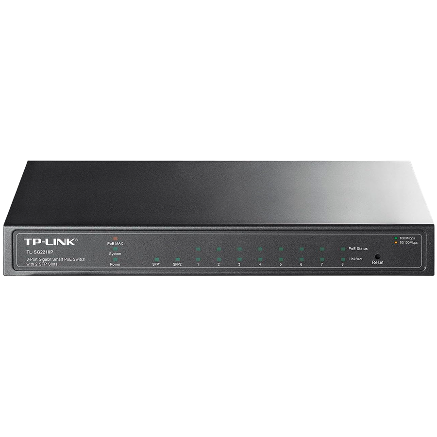 TP-Link SG2210P Omada 10-Port Gigabit Smart Switch with 8 Gigabit PoE+ ports and 2 x SFP slots, 61W total PoE budget, Static routing, VLAN, ACL, QoS, IGMP Snooping, Fanless, metal casing, desktop/wall