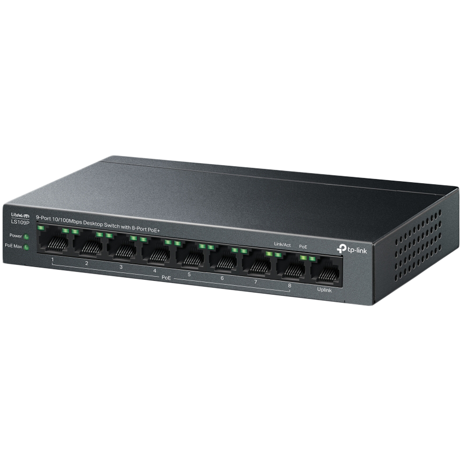 TP-Link LS109P 9-Port 10/100 Mbps Desktop Switch with 8-Port PoE+, 8× 10/100 Mbps PoE+ Ports, 1× 10/100 Mbps Non-PoE Port, 802.3at/af, 63 W PoE Power, Desktop Steel Case, Extend Mode for 250m PoE Tran - slika 3