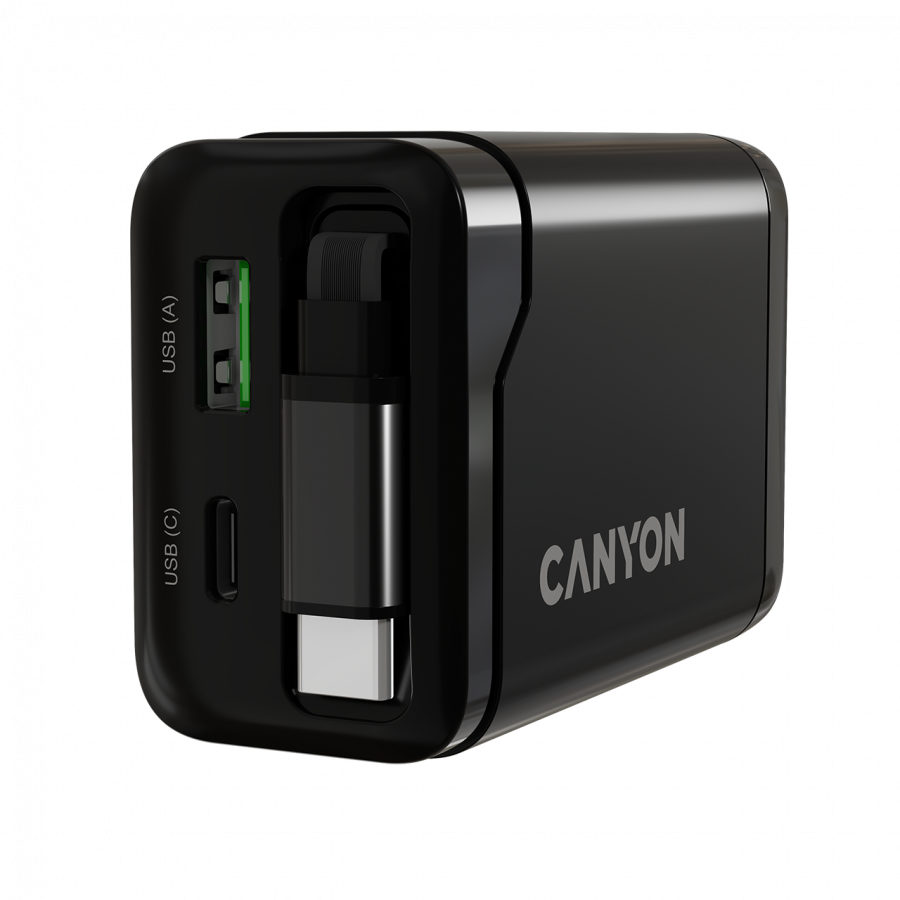 CANYON charger OnCharge 65RC Build-In Cable USB-C 65W 1xPD 1xQC EU Black - slika 8