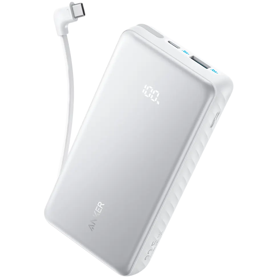 Anker Zolo Power Bank (20K, 22.5W, Built-In USB-C Cable) White 1x USB-A, 2x USB-C