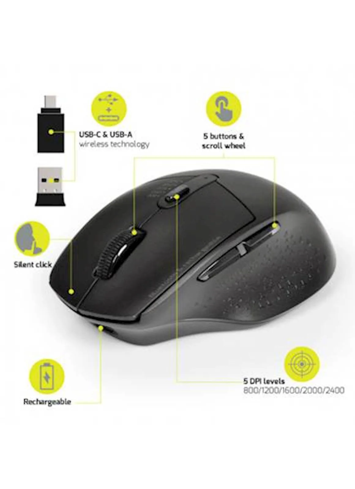 Miš PORT bežični, BT, USB-A & USB-C, punjenje - slika 3