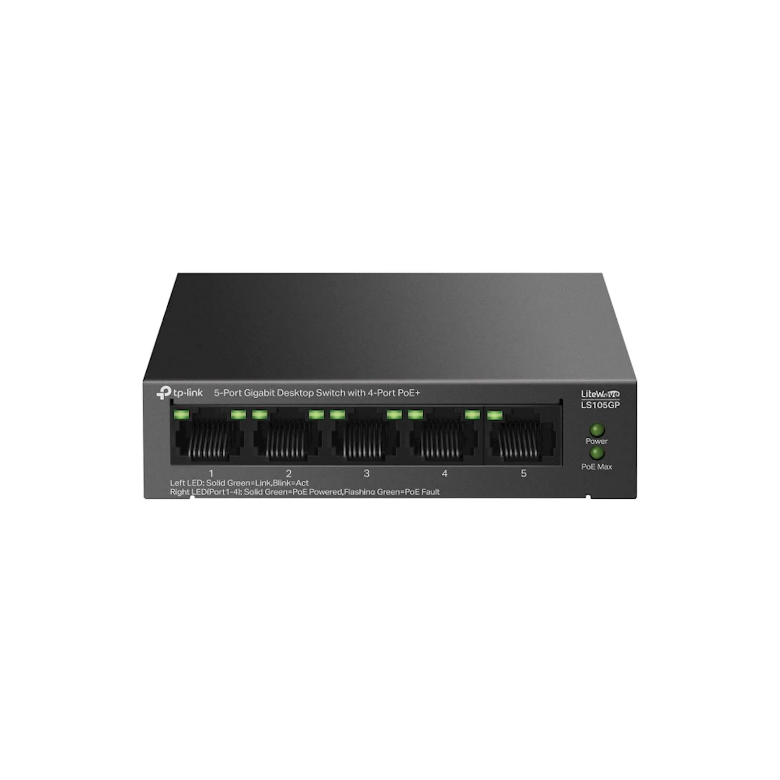 TP-Link LS105GP 5-Port Gigabit Desktop Switch with  4-Port PoE+, 4x Gigabit PoE+ Ports, 1x Gigabit Non-PoE Port, 802.3af/at, 65 W PoE Power, Desktop Steel Case, Extend Mode for 250m PoE Transmitting,  - slika 4