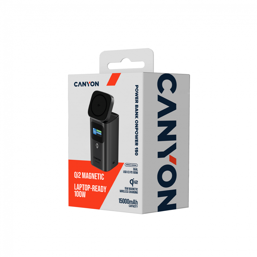 CANYON Qi2 magnetic power bank OnPower 150 15000mAh Aluminium Dark grey - slika 8