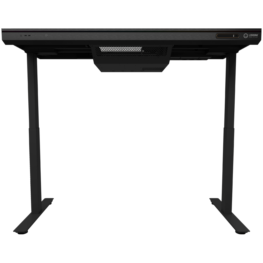 Dual-motor sit/stand adjustable-height gaming desk with built-in PC case, wireless charger, RGB lighting, control panel, and USB ports, tempered glass tabletop, black. - slika 4