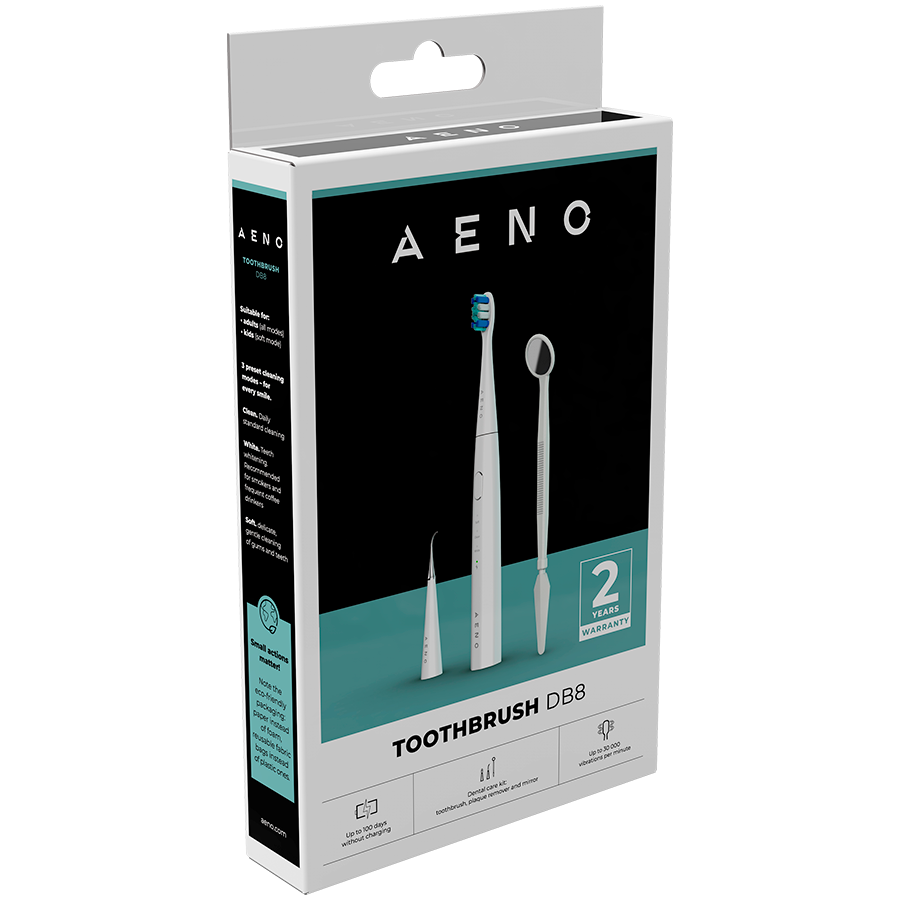 AENO Sonic Electric toothbrush, DB8: White, 3modes, 3 brush heads + 1 cleaning tool, 1 mirror,  30000rpm, 100 days without charging, IPX7 - slika 4