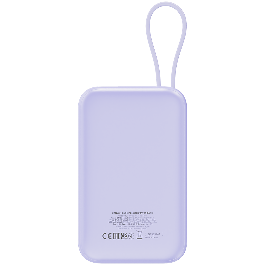 CANYON power bank OnPower 101 built-in cable 10000 mAh PD22.5W Ljubičasti - slika 4