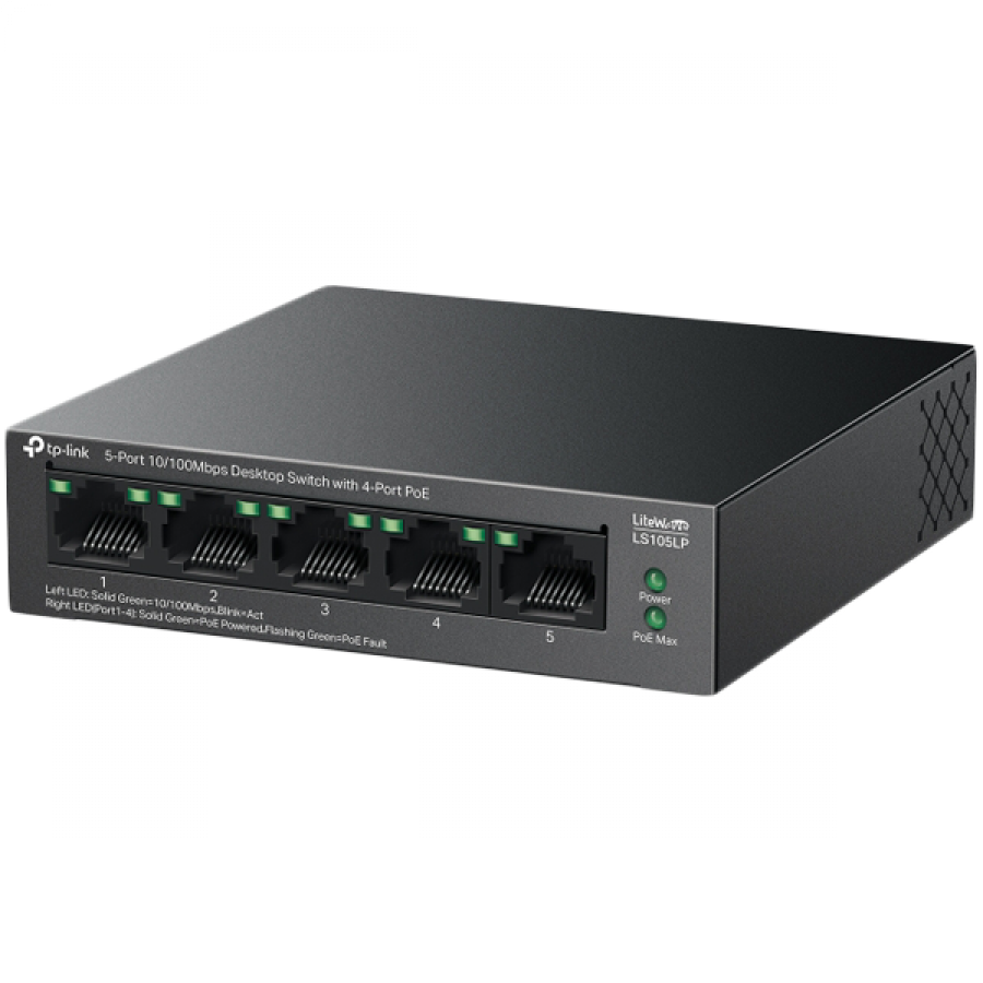 TP-Link LS105LP 5-Port 10/100 Mbps Desktop Switch with 4-Port PoE, 4× 10/100 Mbps PoE Ports, 1× 10/100 Mbps Non-PoE Port, 802.3af, 41 W PoE Power, Desktop Steel Case, Extend Mode for 250m PoE Transmit - slika 2