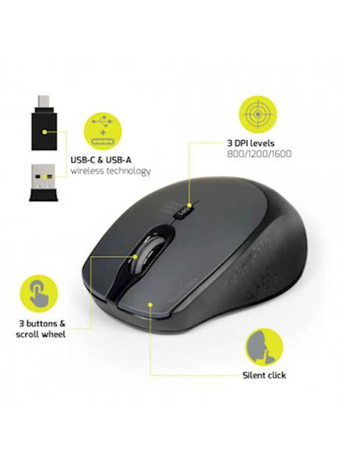 Miš PORT bežični, USB-A & USB-C, tih, crni - slika 3
