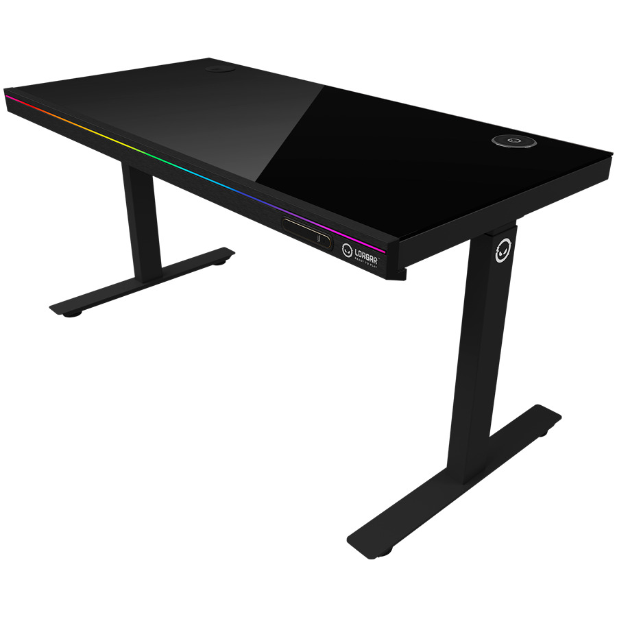 Dual-motor sit/stand adjustable-height gaming desk with wireless charger, RGB lighting, control panel, and USB ports, solid tempered glass tabletop, black. - slika 2