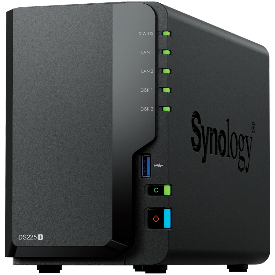 Synology DS225+, Tower, 2-bays 3.5'' SATA HDD/SSD, CPU Inte Celeron J4125 4-core (4-thread) 2.0 GHz, burst up to 2.7 GHz, 2 GB DDR4 non-ECC (expandable up to 6 GB), 1xRJ-45 1GbE LAN, 1xRJ-45 2.5 GbE L - slika 2