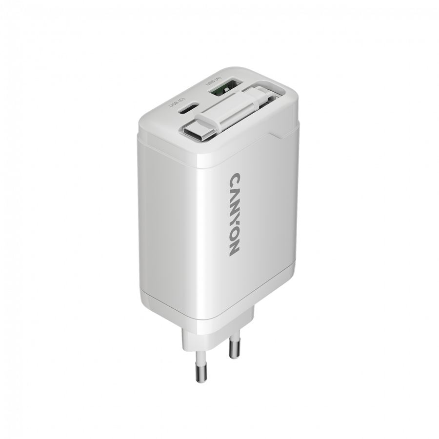CANYON charger OnCharge 65RC Build-In Cable USB-C 65W 1xPD 1xQC EU White - slika 3
