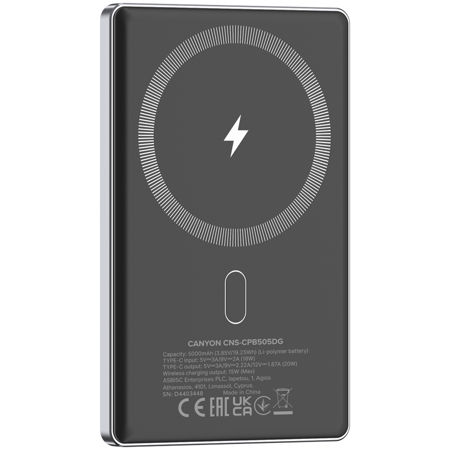 CANYON power bank OnPower 505 slim Magnetic 5000 mAh PD20W Tamno sivi - slika 4