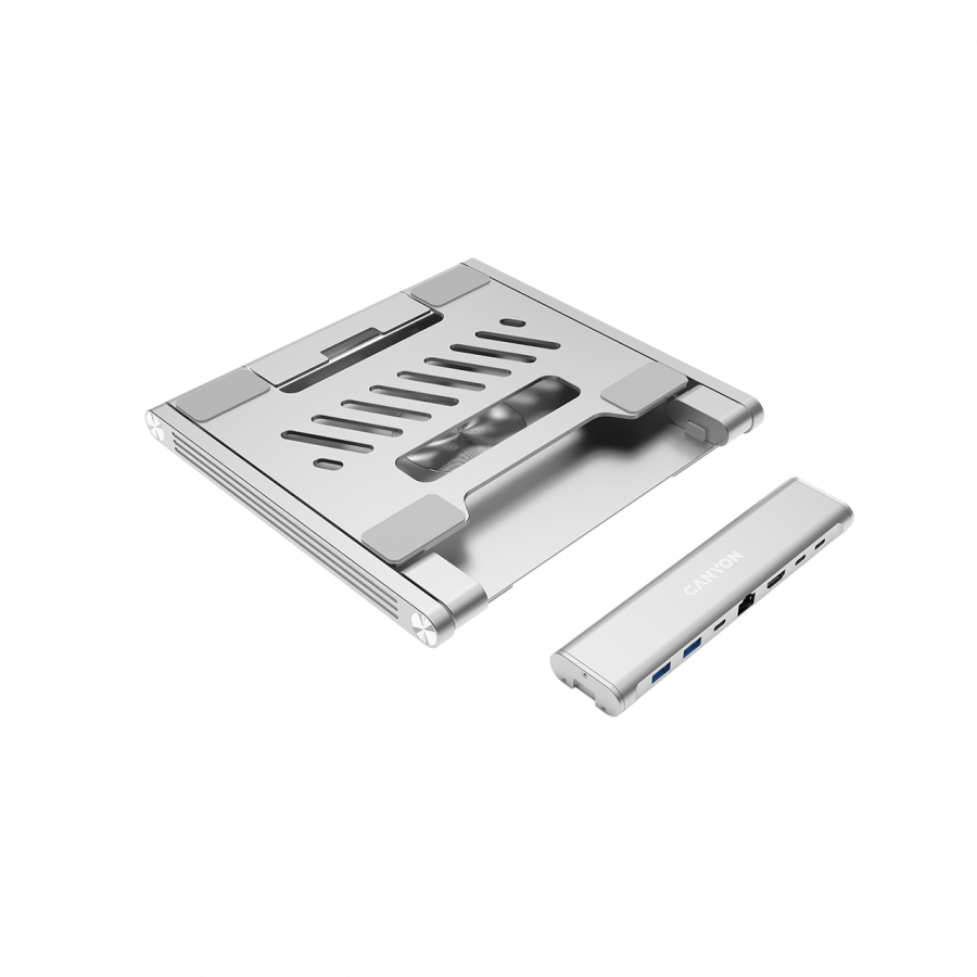 Canyon Laptop stands with hub, TYPE C F to HDMI2.0+2USB3.0+USBC3.0+RJ45+PD, TYEP C TO C cable 1m white with Emarker: HUSB332A, Material: Aluminum case+ABS+PS, Size: 245x240x27.2+/-0.3mm, Weight:1304g - slika 2