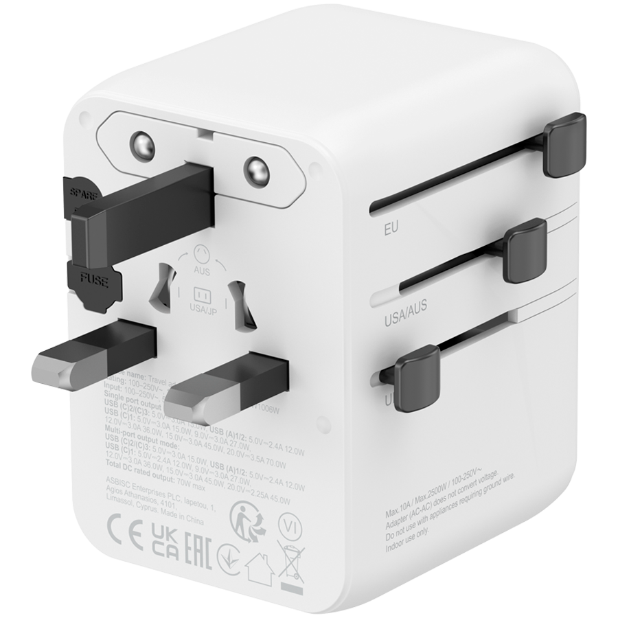 CANYON Travel Adapter OnTour 70 EU/UK/US/AUS 70W White - slika 2