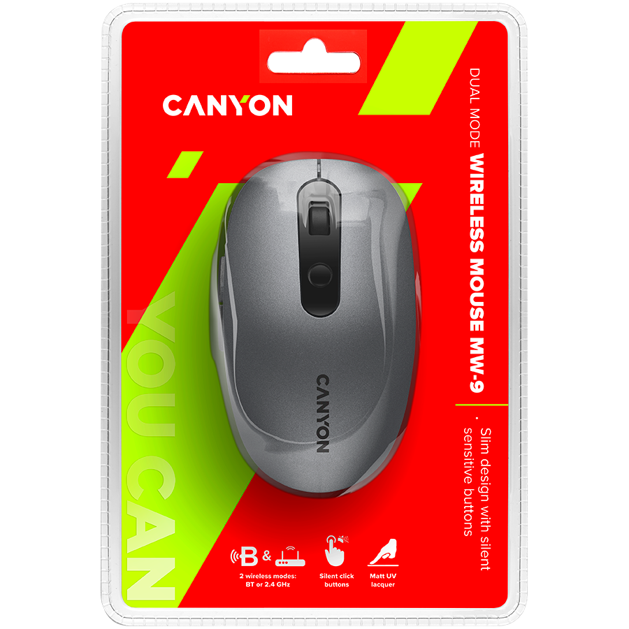 CANYON MW-9, 2 in 1 Wireless optical mouse with 6 buttons, DPI 800/1000/1200/1500, 2 mode(BT/ 2.4GHz), Battery AA*1pcs, Grey, 65.4*112.25*32.3mm, 0.092kg - slika 5