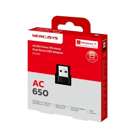 Mercusys MA20N AC650 Nano Wi-Fi USB Adapter, 200 Mbps at 2.4 GHz + 433 Mbps at 5 GHz, 1× Internal Antenna, USB 2.0, Nano Size, WPA3, Plug and Play - slika 4