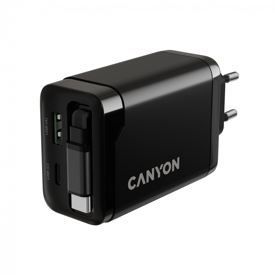 CANYON charger OnCharge 65RC Build-In Cable USB-C 65W 1xPD 1xQC EU Black - slika 7