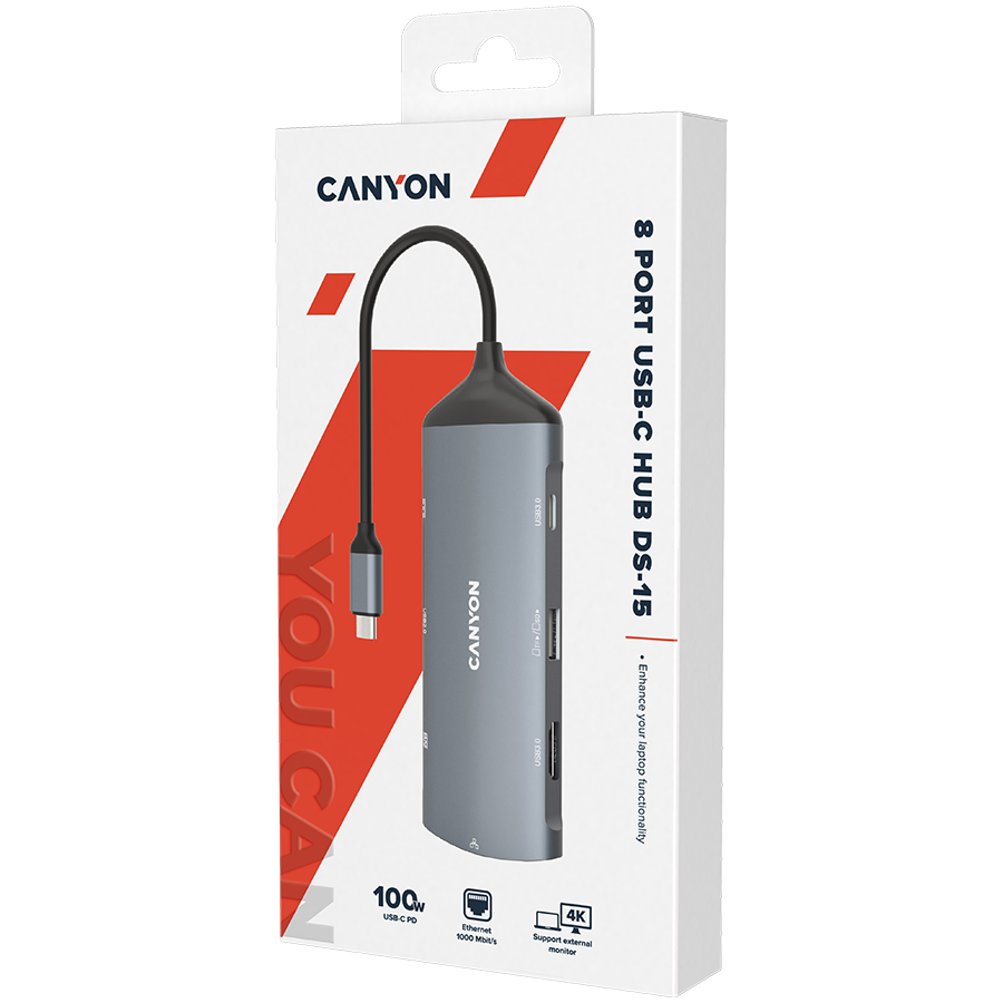 CANYON hub DS-15 8in1 4k USB-C Dark Grey - slika 2