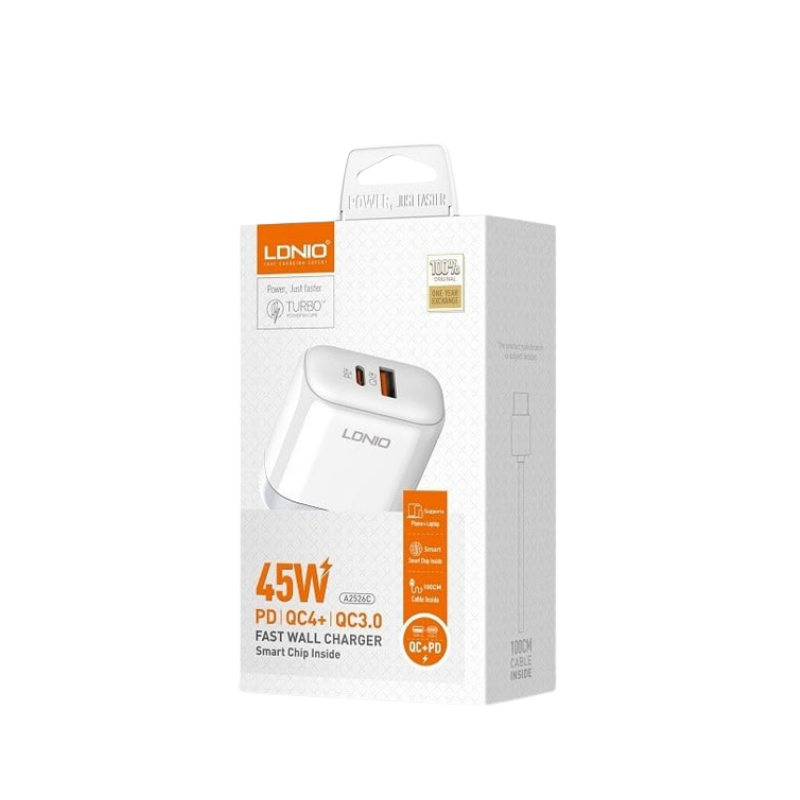 Kucni punjac LDNIO A2526C 45W PD + (QC4+ | QC3.0) (USB-A + USB-C) kabal type-C - type C