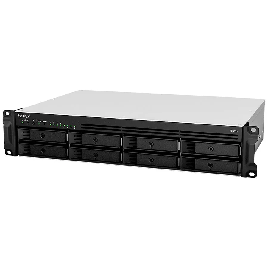 Synology RackStation RS1221+; Rack 2U, 8-bay 3.5''/2.5" SATA HDD/SSD, AMD Ryzen V1500B 4-core 2.2GHz; 4GB DDR4 ECC SODDIM,2x Memory slots; 4x RJ-45 1GbE LAN Port; 2xUSB 3.2; eSATA port; PCI Gen2x8 sl