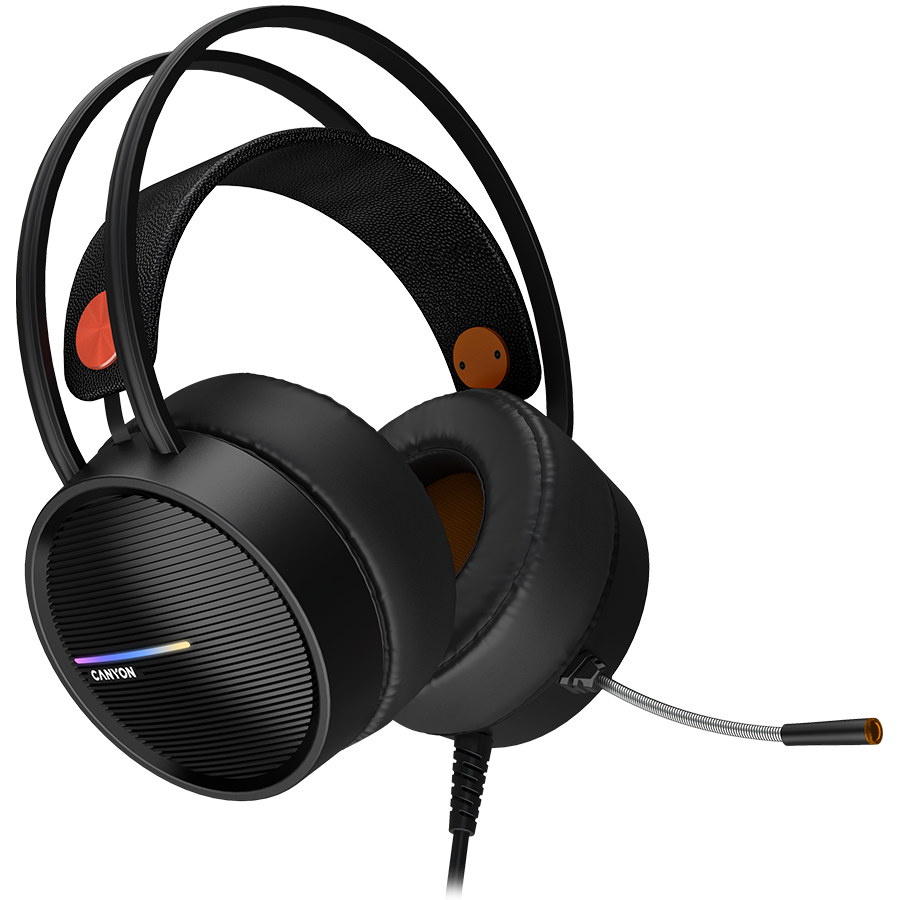 CANYON INTERCEPTOR GH-8A, Gaming headset 3.5mm jack plus USB connector for LED backlight, adjustable microphone and volume control, with 2in1 3.5mm adapter, cable 2M, Black and Orange, 0.36kg - slika 2