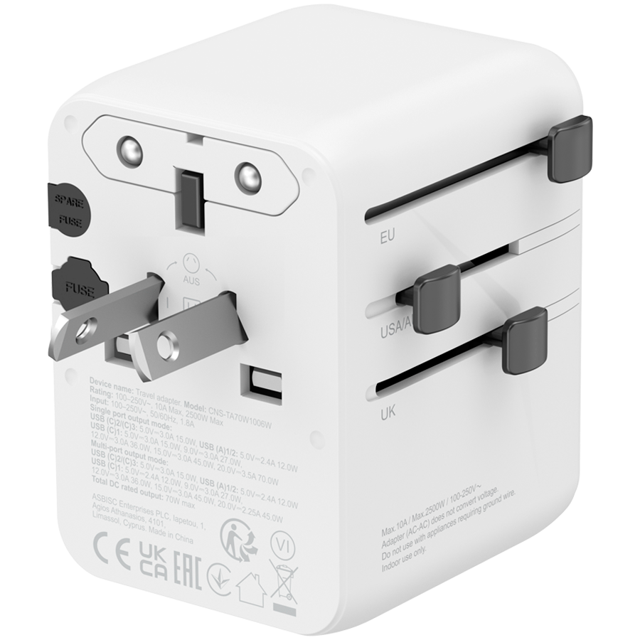 CANYON Travel Adapter OnTour 70 EU/UK/US/AUS 70W White - slika 4