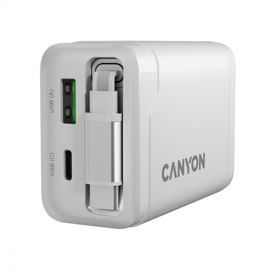 CANYON charger OnCharge 65RC Build-In Cable USB-C 65W 1xPD 1xQC EU White - slika 8