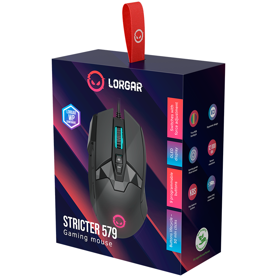 LORGAR Stricter 579, gaming mouse, 9 programmable buttons, Pixart PMW3336 sensor, DPI up to 12 000, 50 million clicks buttons lifespan, 2 switches, built-in display, 1.8m USB soft silicone cable, Matt - slika 8
