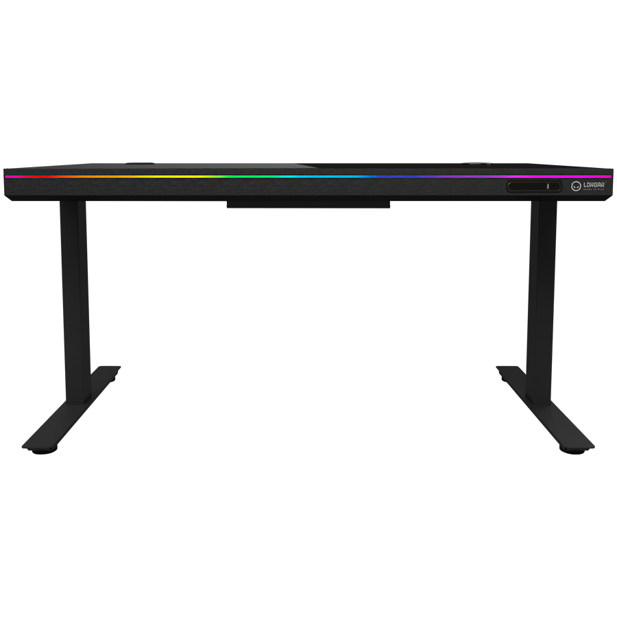 Dual-motor sit/stand adjustable-height gaming desk with wireless charger, RGB lighting, control panel, and USB ports, solid tempered glass tabletop, black. - slika 3