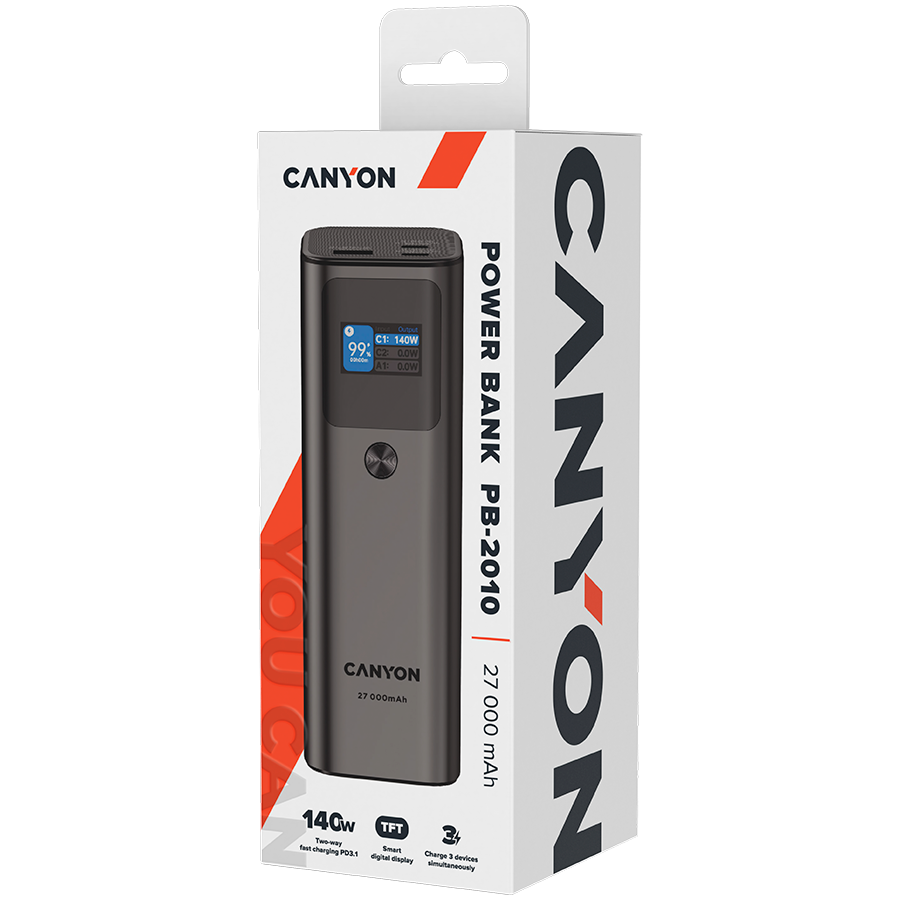 CANYON power bank PB-2010 TFT 27000 mAh 97.2Wh PD140W QC 3.0 Tamno sivi - slika 7