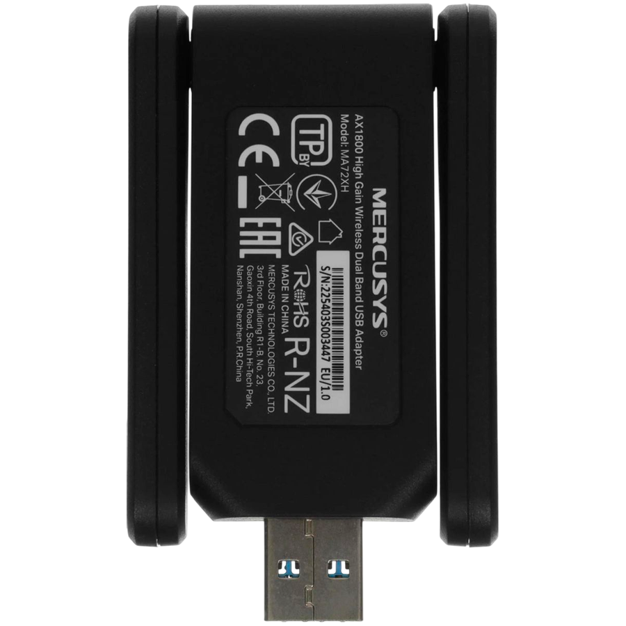 Mercusys MA72XH AX1800 High Gain Wi-Fi 6 USB Adapter, 574 Mbps at 2.4 GHz + 1201 Mbps at 5 GHz, 2 x High Gain External Antenna, USB 3.0, MU-MIMO, OFDMA, Beamforming, WPA3 - slika 8