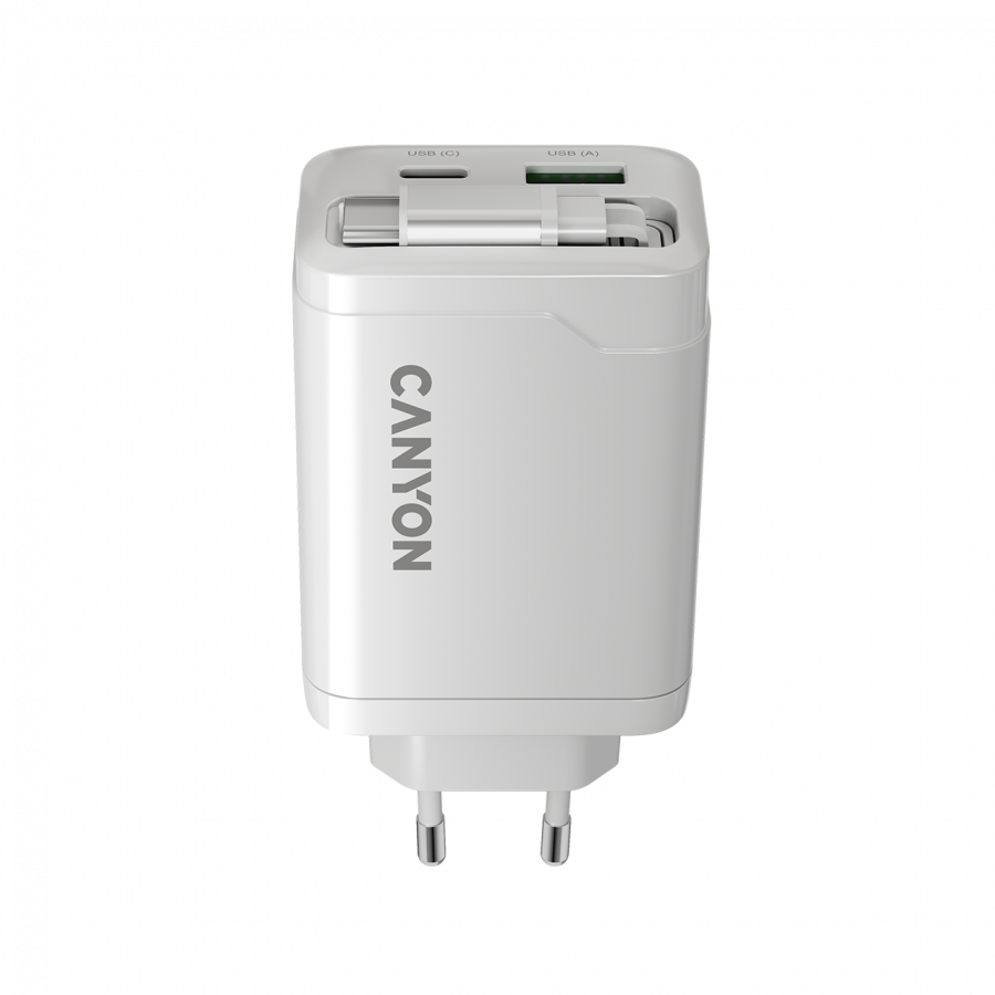CANYON charger OnCharge 65RC Build-In Cable USB-C 65W 1xPD 1xQC EU White - slika 4